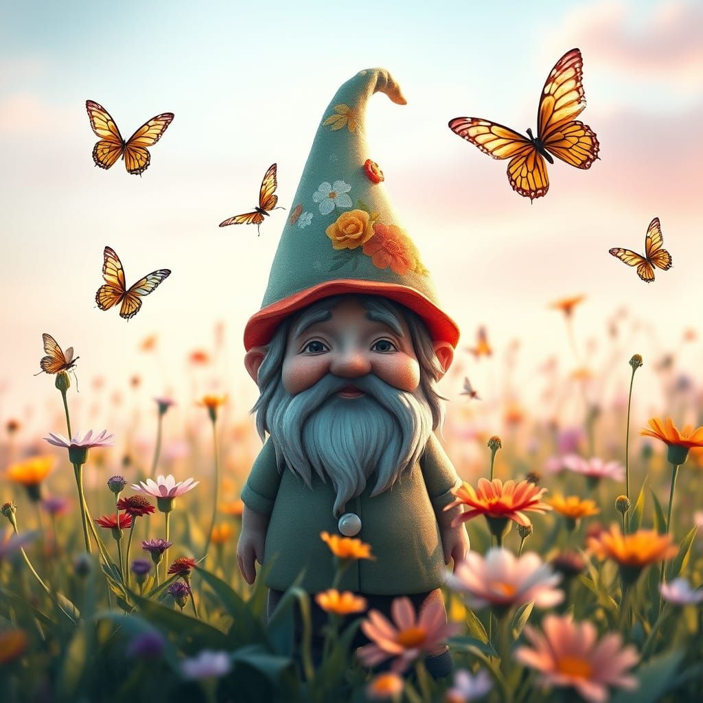 a cute garden gnome standing in a field of blooming wildflow...