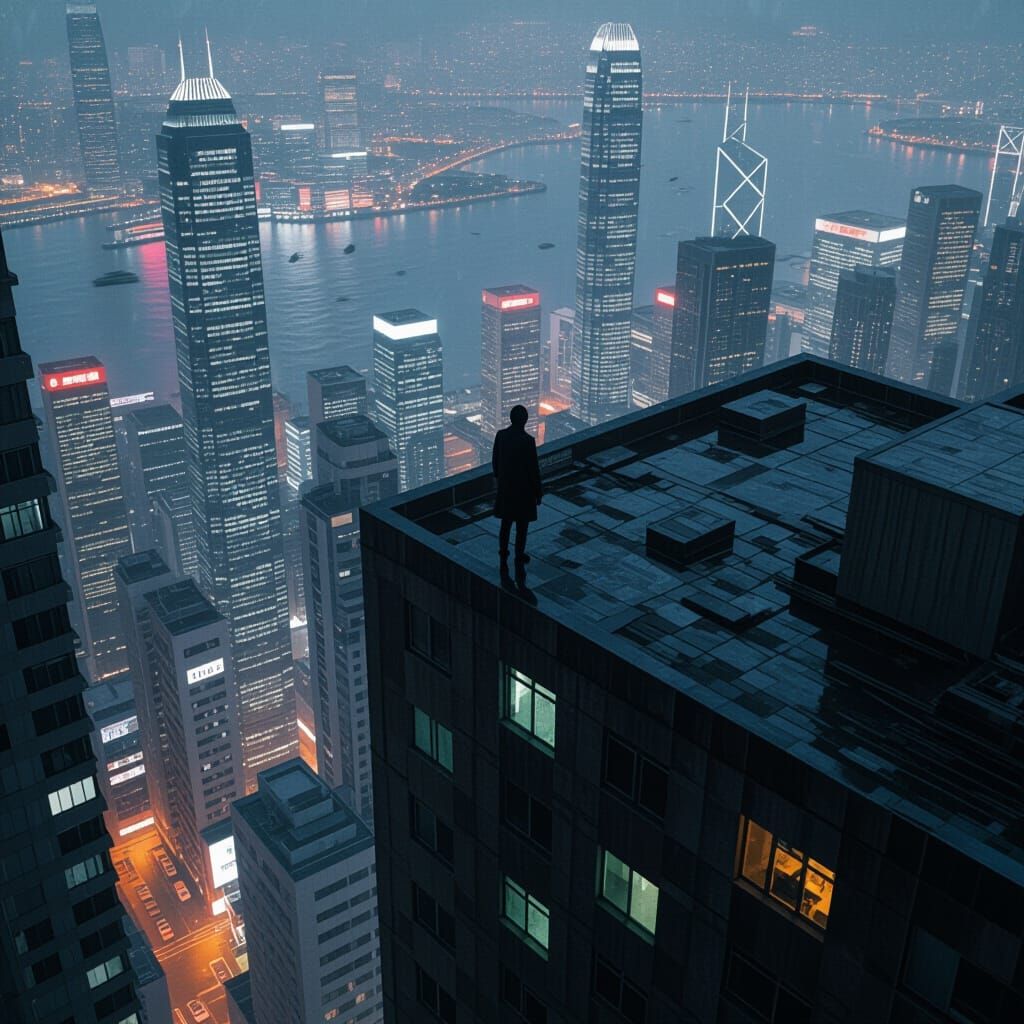 Hong Kong Skyscraper: Gritty Dystopian Ledge View