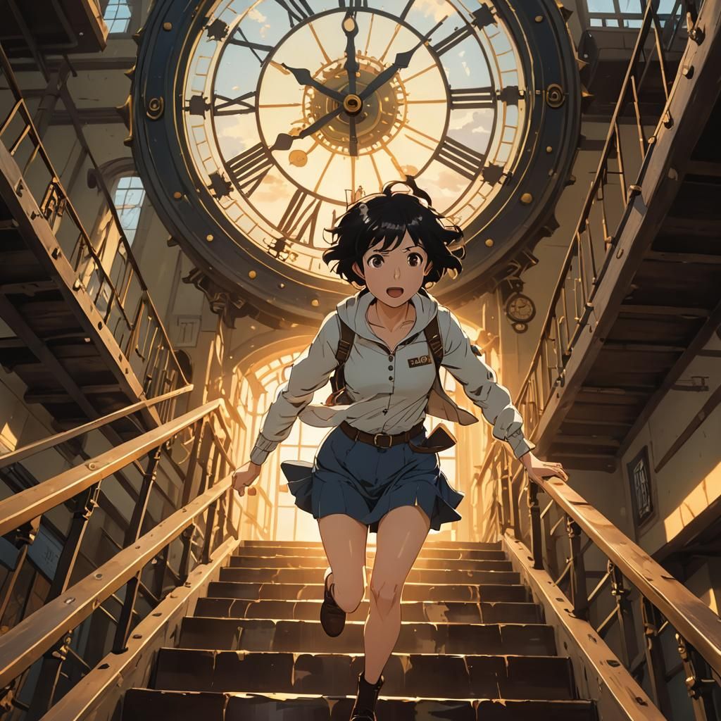 Anime Woman Running in Clock Tower