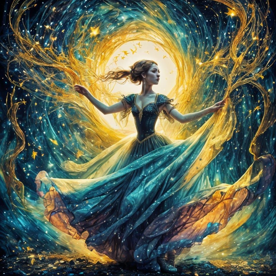 Dancer Under Falling Stars in Fantasy Art Style