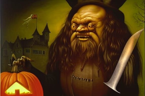 Hagrid Carving Pumpkin, Painted in Surreal Style