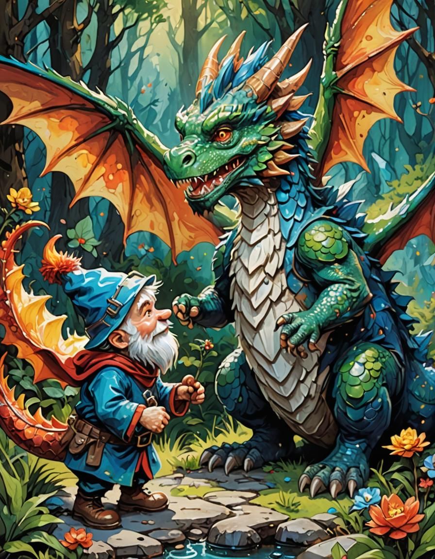 Dragon and Gnome in Gouache Watercolor Style