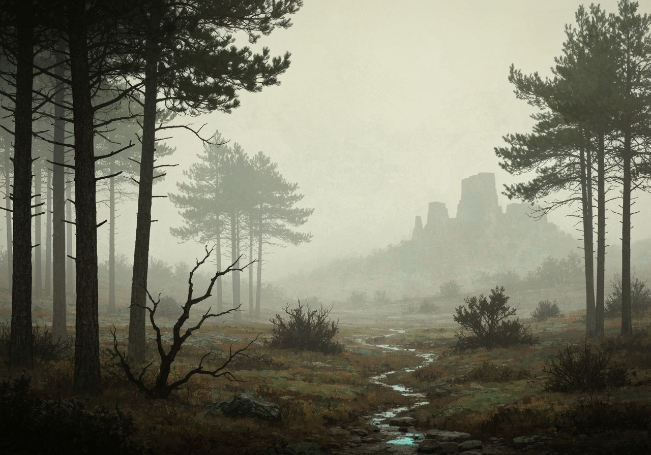 Fantasy Forest Ruins in Bioluminescent Fog
