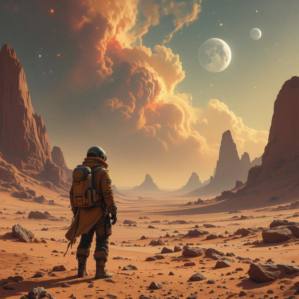 Alien Desert Explorer Gazing at Nebula Sky