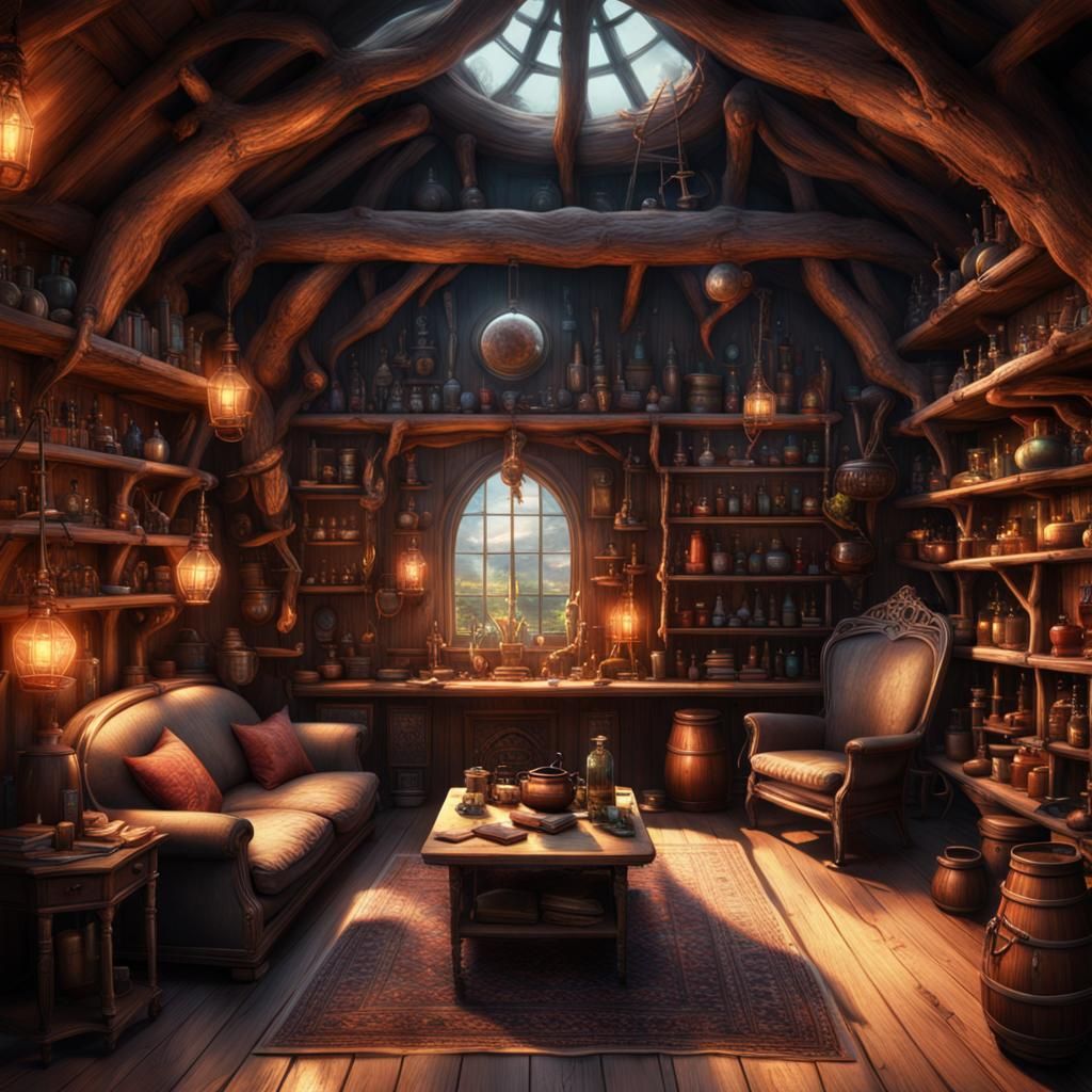 Cozy Witch Hut Interior with Cauldron and Potions