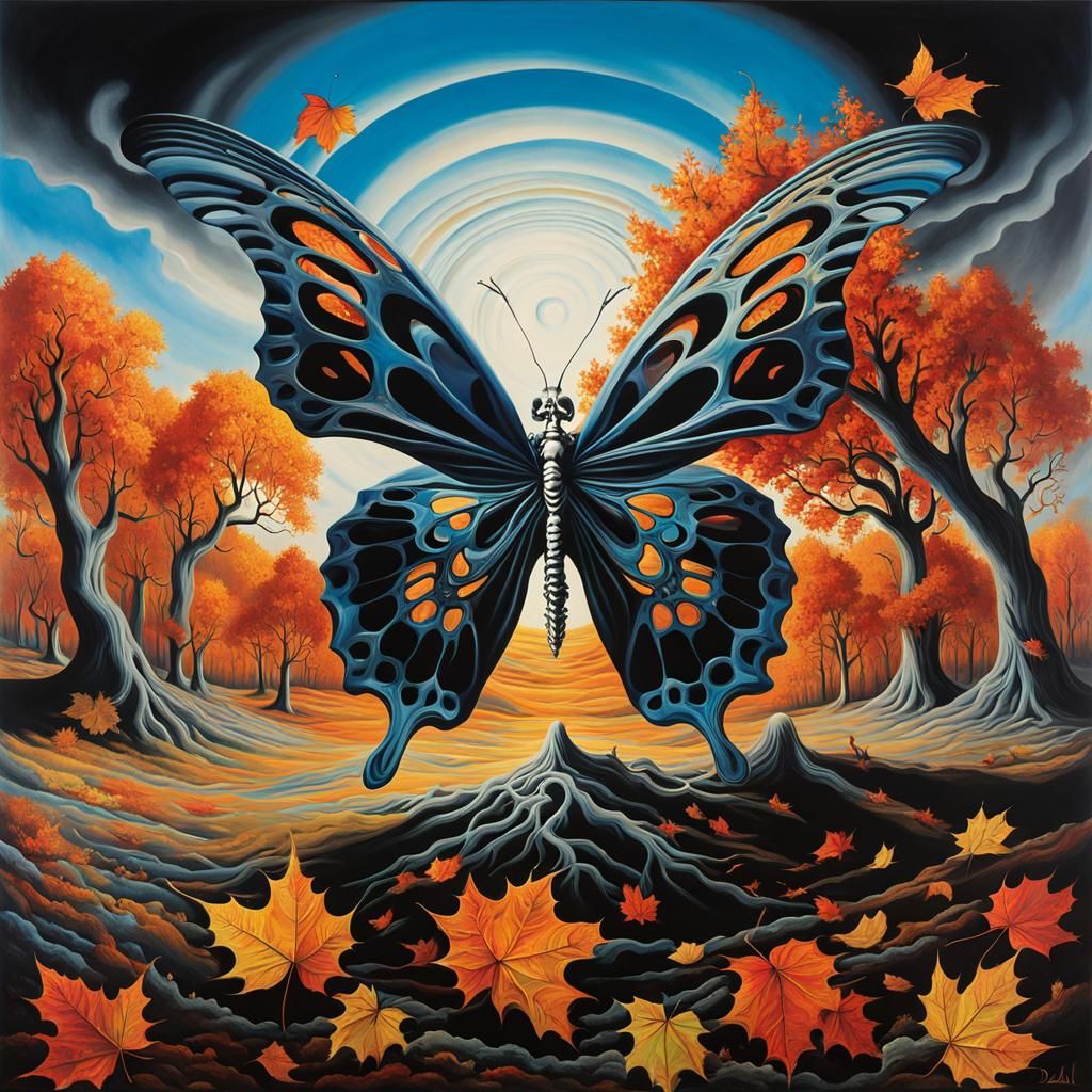 Surreal Landscape with Elastic Flora and Black Butterfly