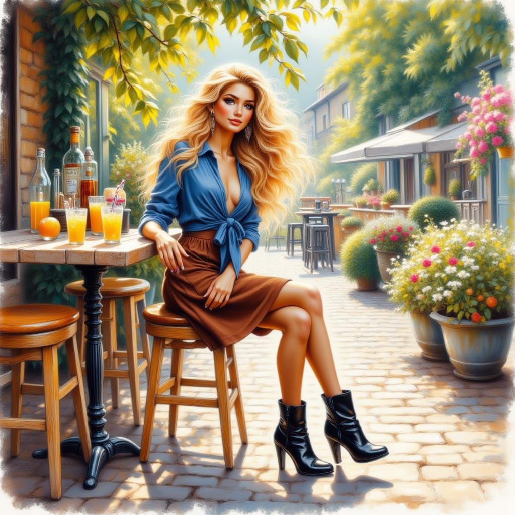 Woman Enjoys Orange Juice at Sunlit Terrace Bar