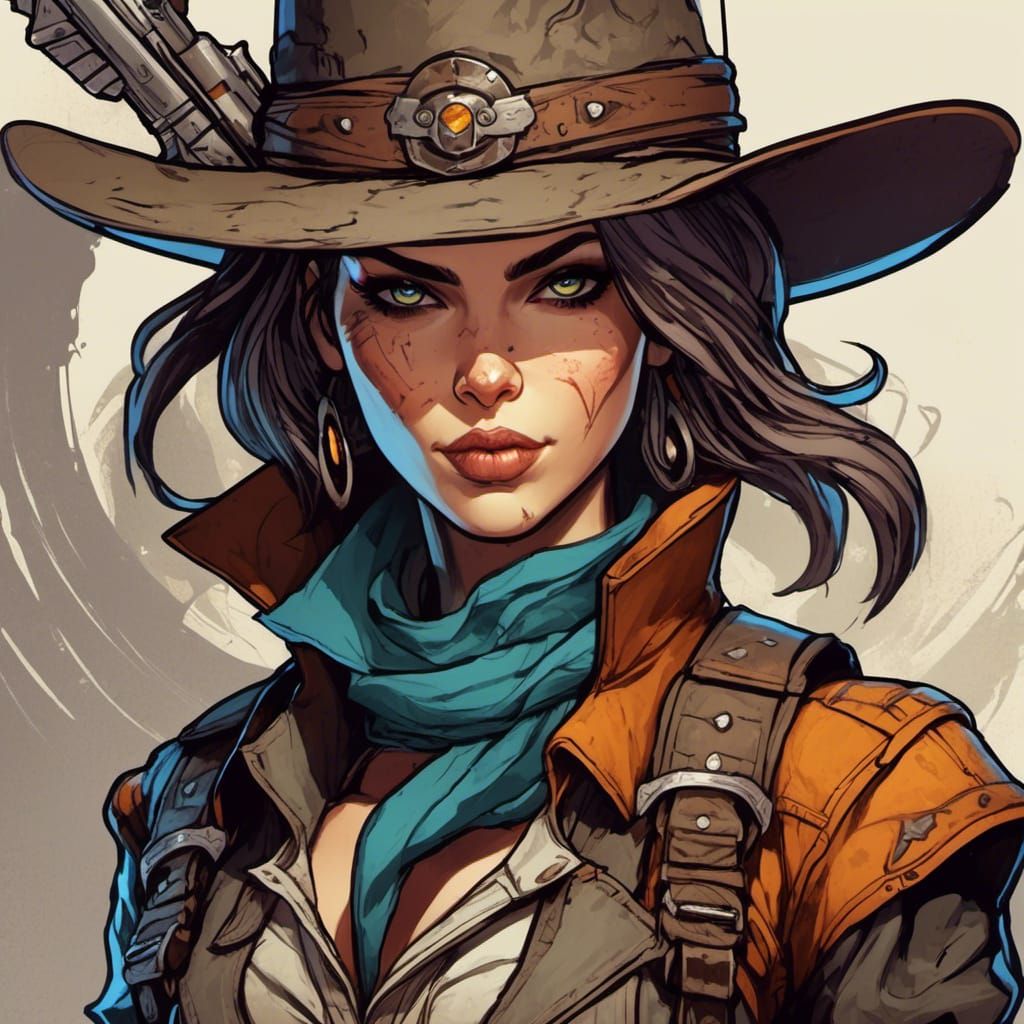 Gorgeous Female Gunslinger in Borderlands Cell-Shaded Style