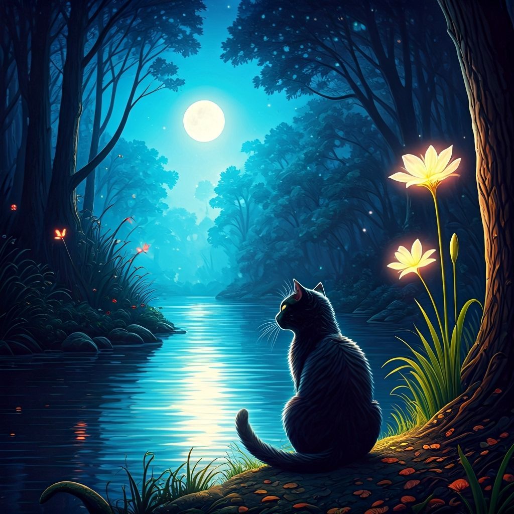 Black Cat by River: Fantasy Watercolor Illustration