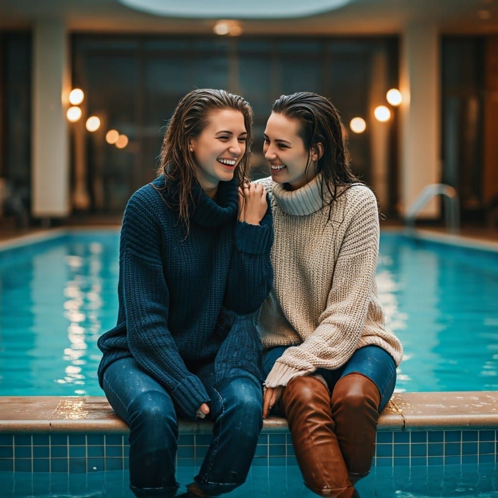 Friends Enjoying a Secret Swim: Photorealistic Hotel Scene