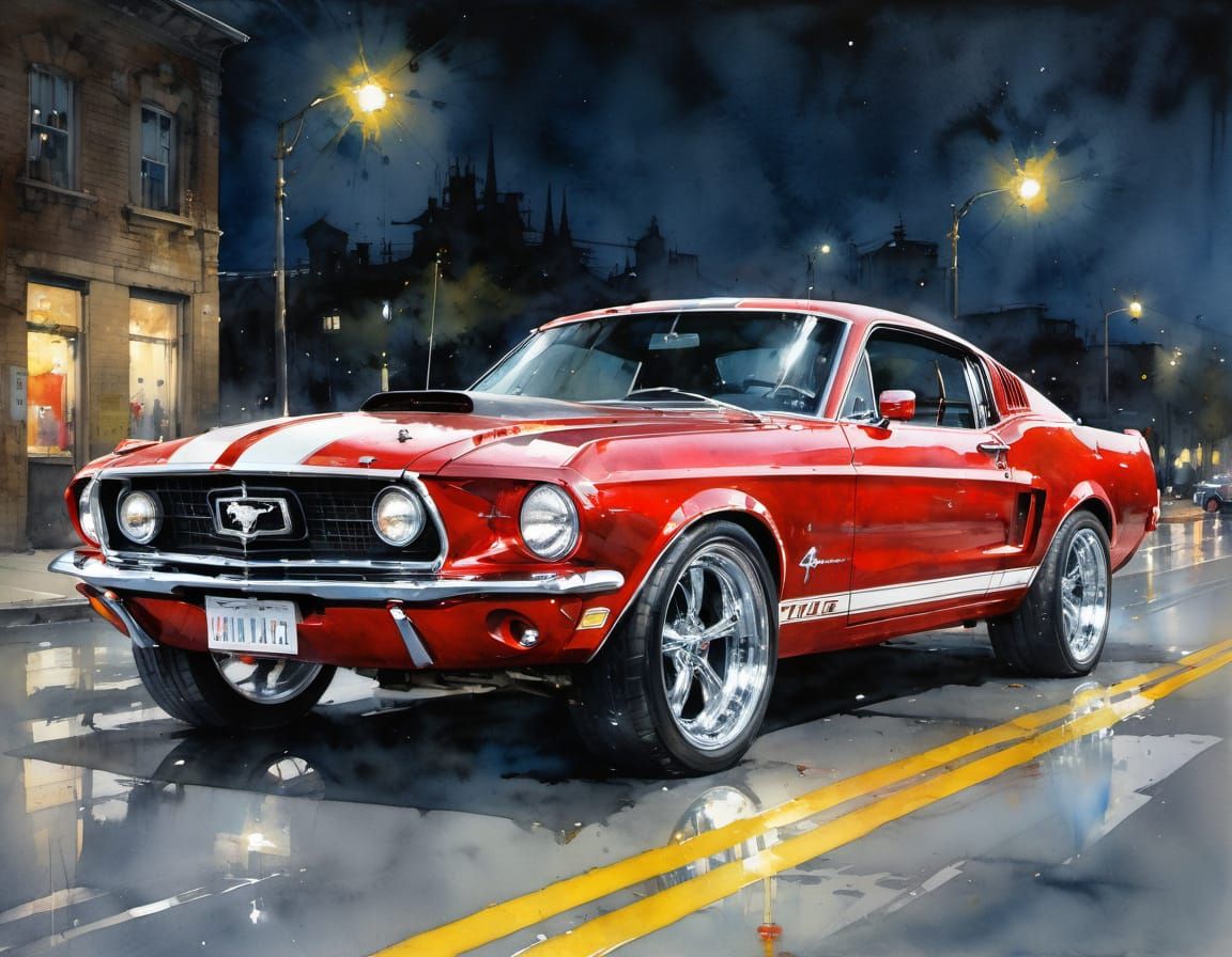 Classic Mustang Muscle Car in Dramatic Night Scene