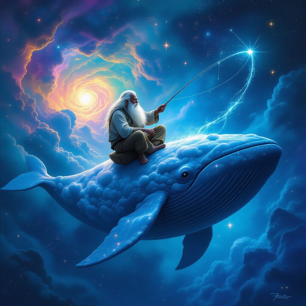 Elderly Angler on Cloud Whale in Cosmic Ocean