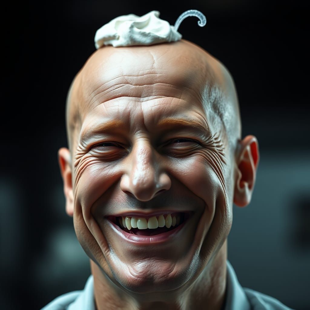 Happy Bald Man with Ice Cream: Hyperrealistic Portrait