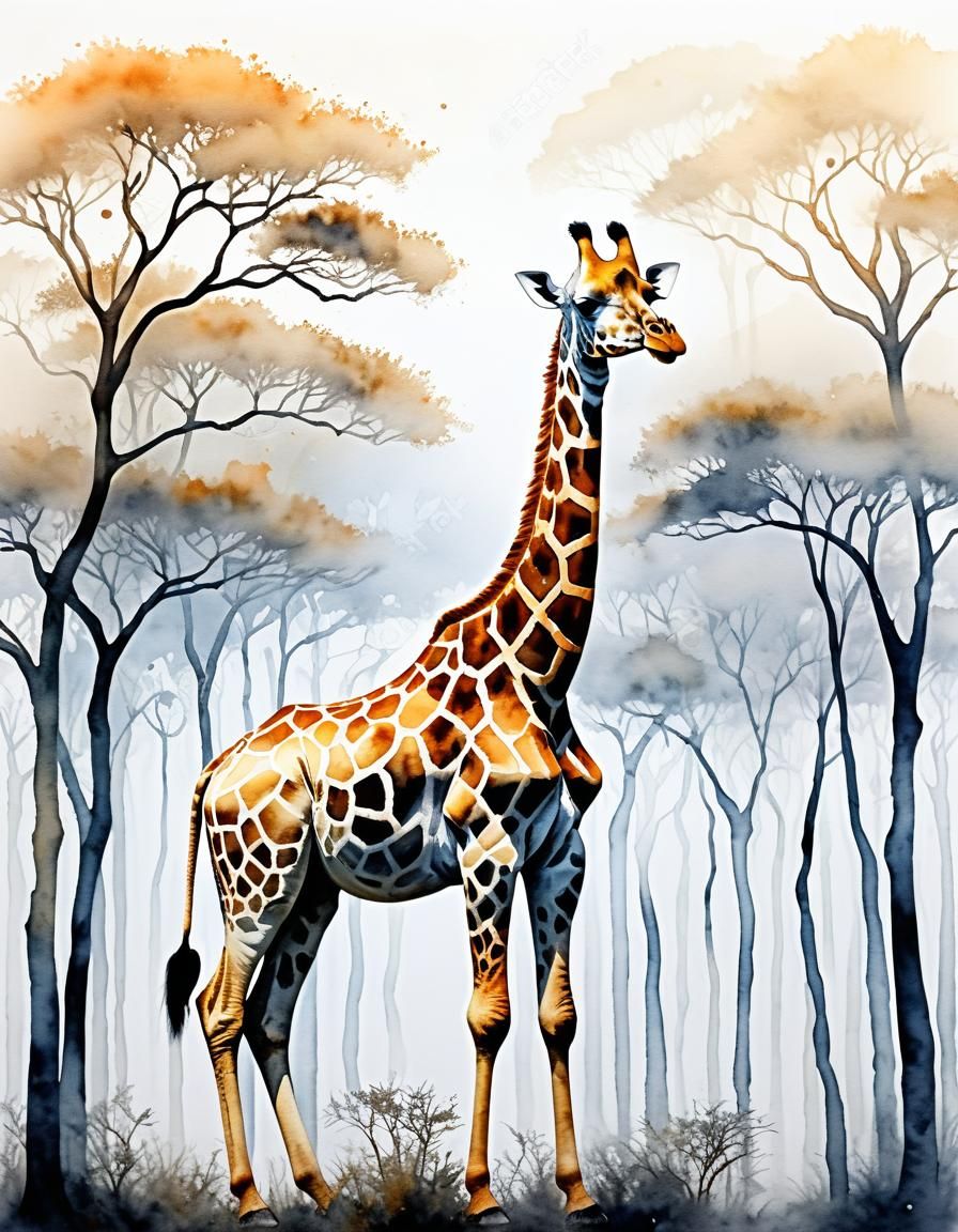 Surreal Watercolor Giraffe with Liquid Metal Accents in a Mi...