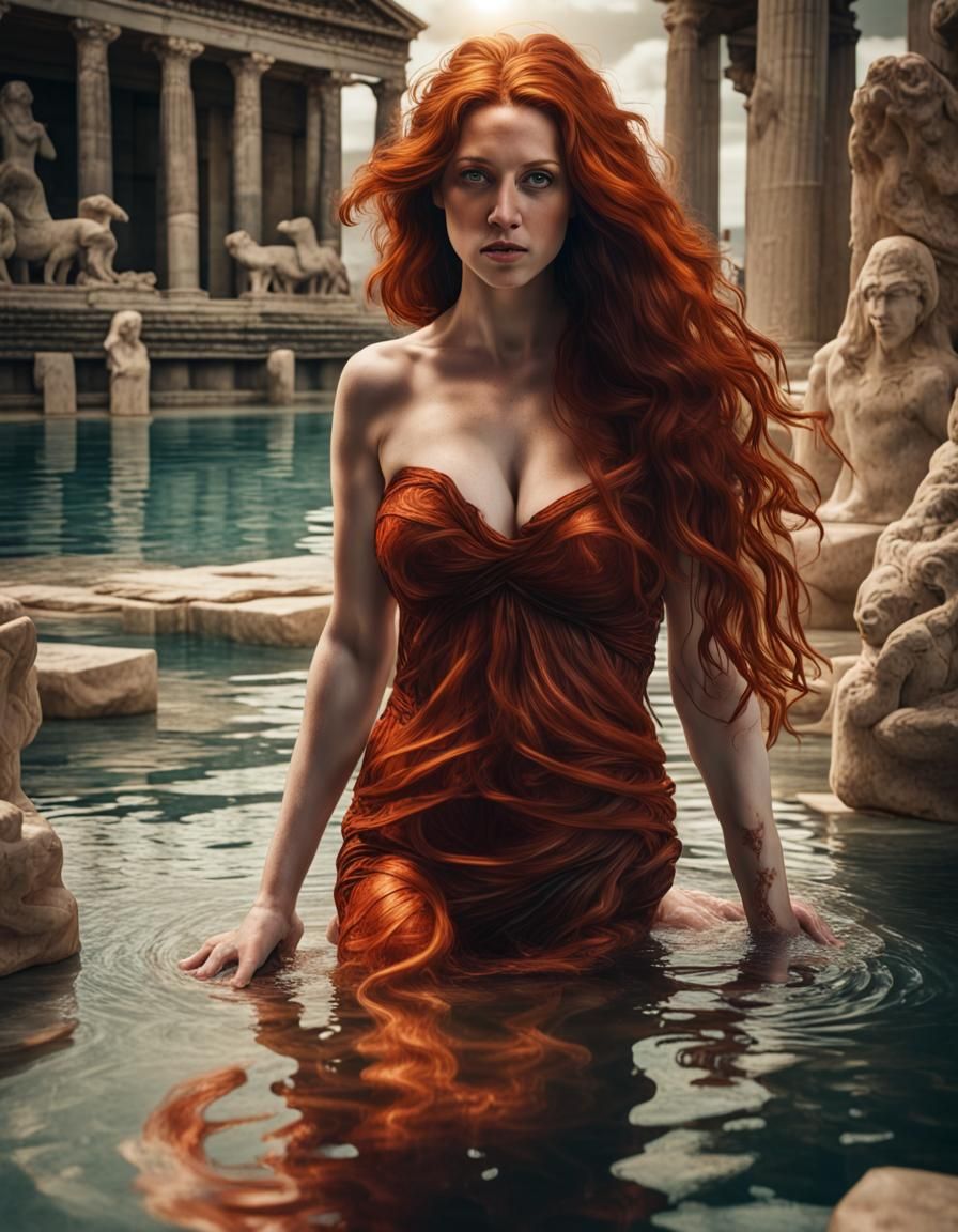 red hair woman in greek bath