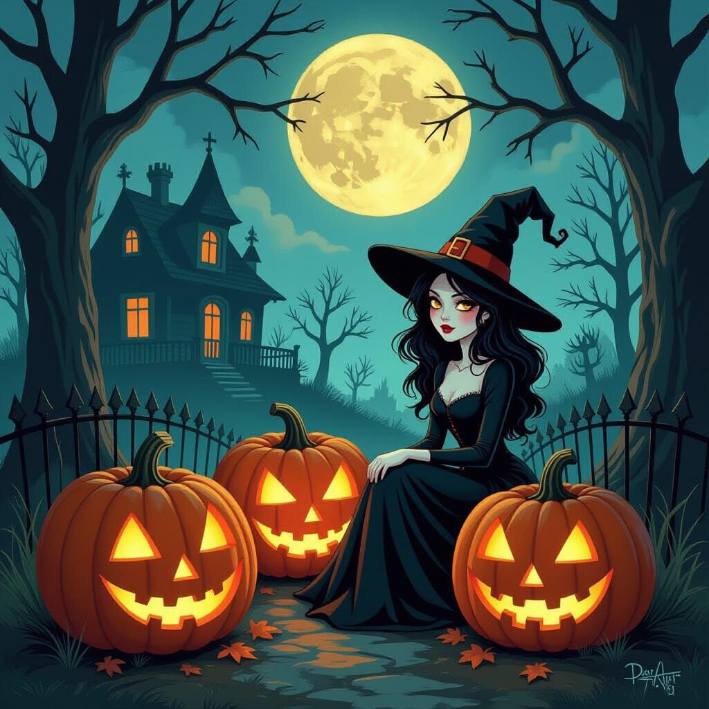 Eerie Halloween Jack-o-Lanterns in Dark Whimsical Style