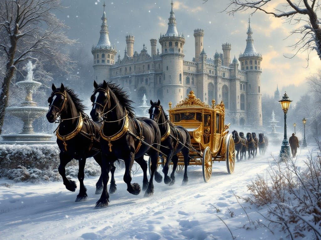 Majestic Horses Pull Golden Carriage Through Snowy French Co...