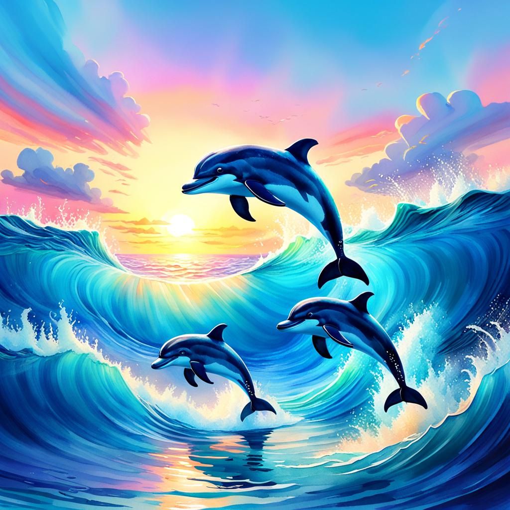 Cute Blue Dolphins Diving at Sunrise: 3D Render