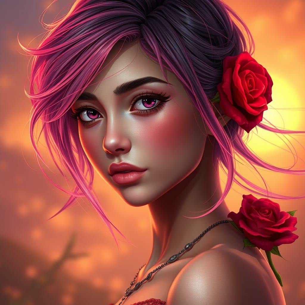 Vibrant North Indian Teenager Girl with Neon Hair and Red Ro...