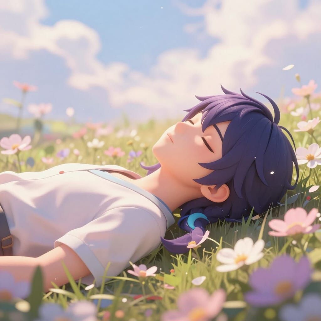Peaceful Surreal Character Resting Among Blooming Flowers
