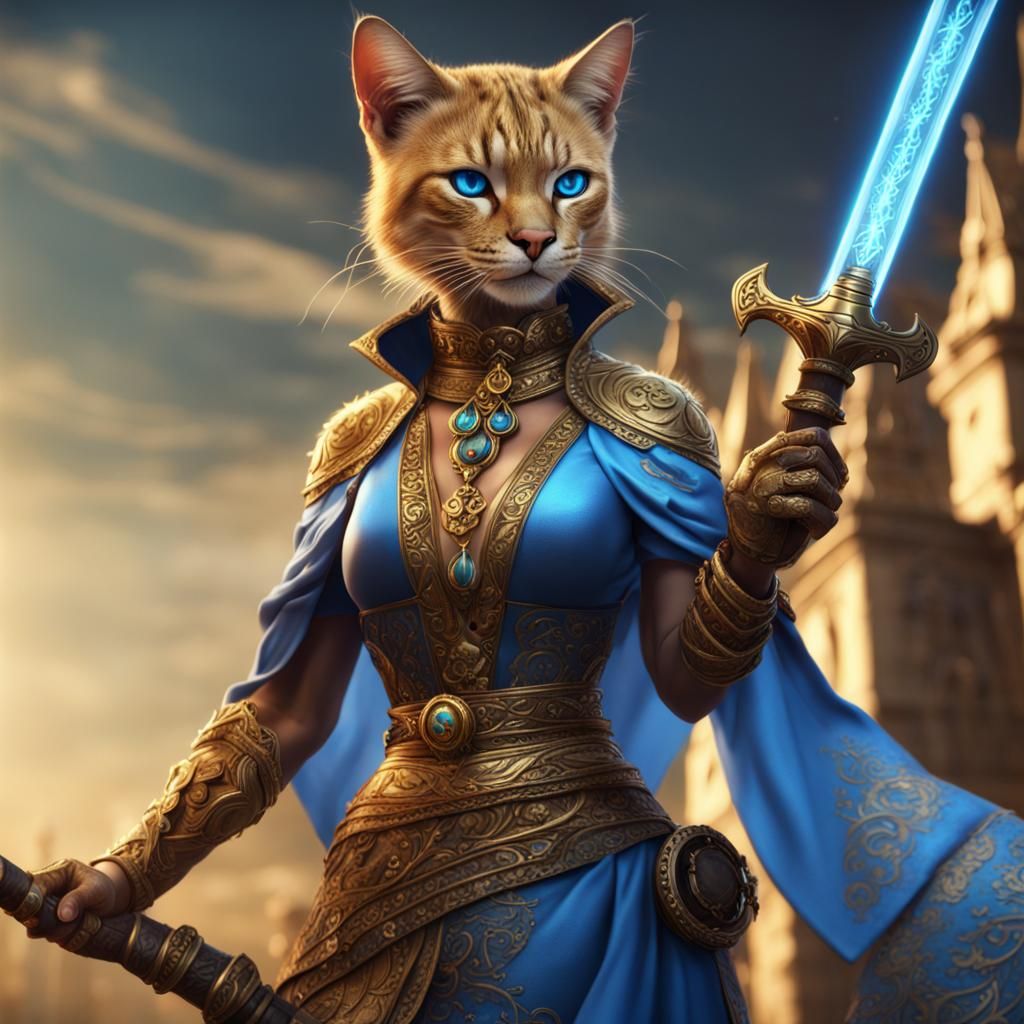 Golden Tabaxi Lady Practicing Shortsword, Detailed Matte Pai...