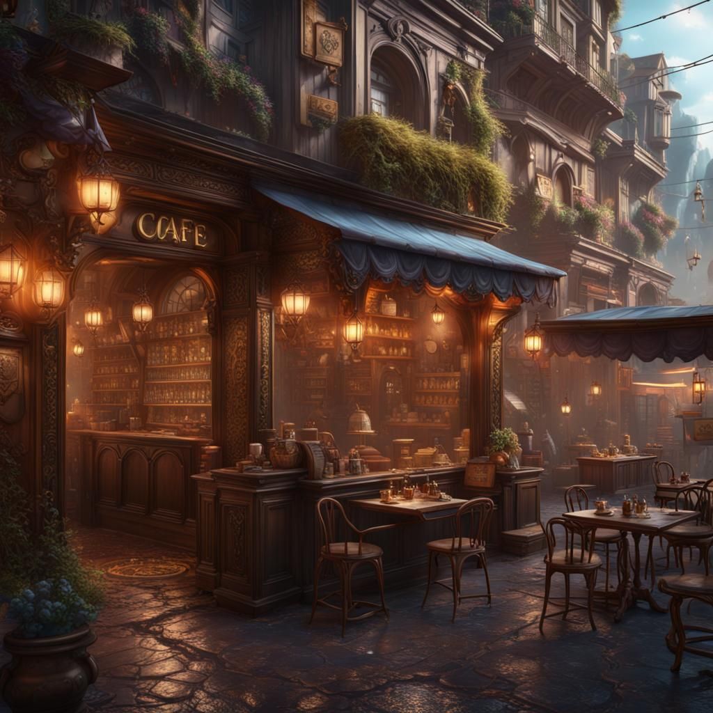 Fantastical City Cafe: Detailed Matte Painting