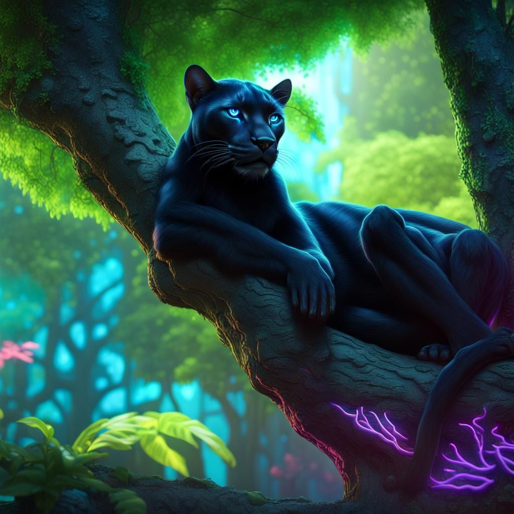 Panther with Glowing Eyes on Neon Tree
