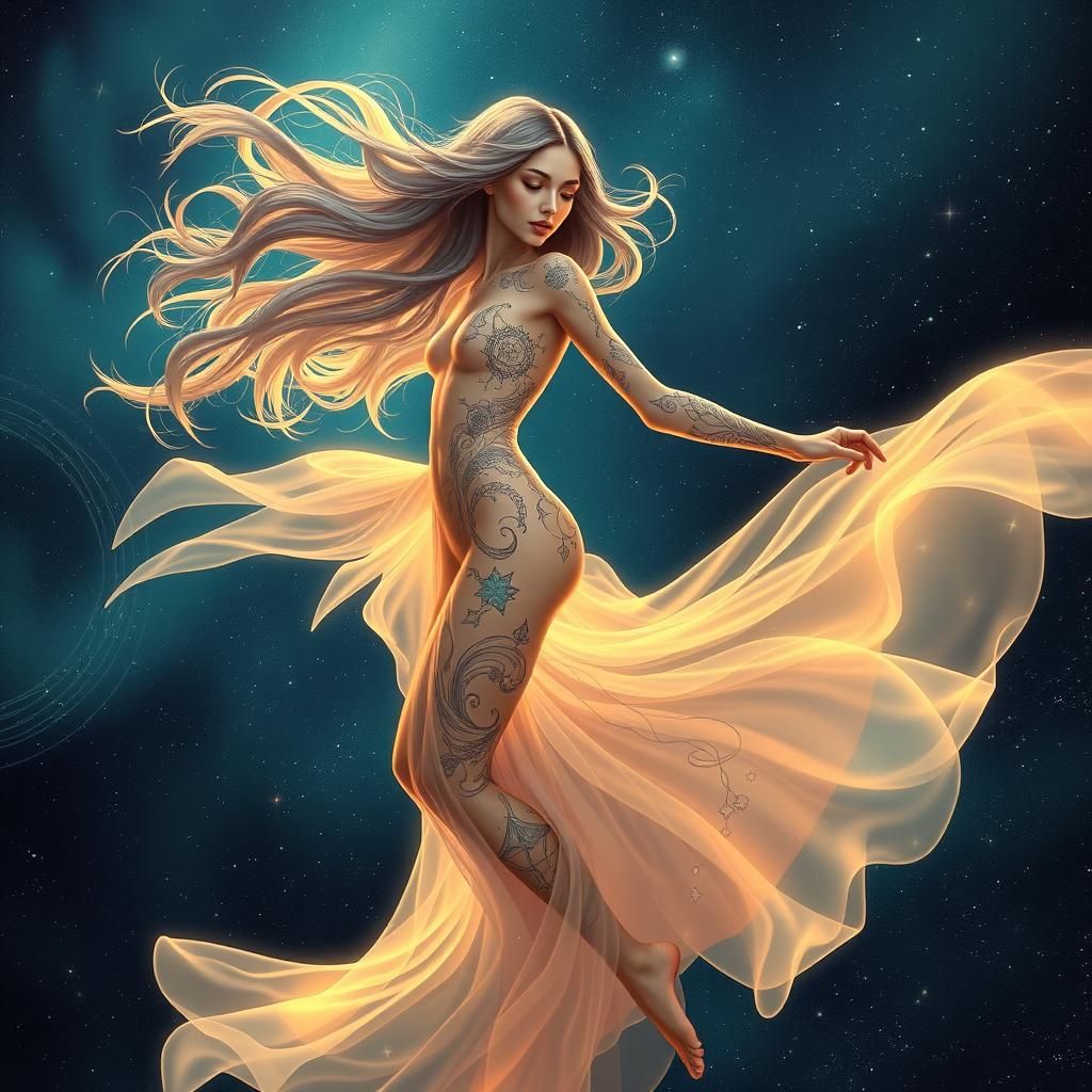 Ethereal Woman Dancing in Starry Space
