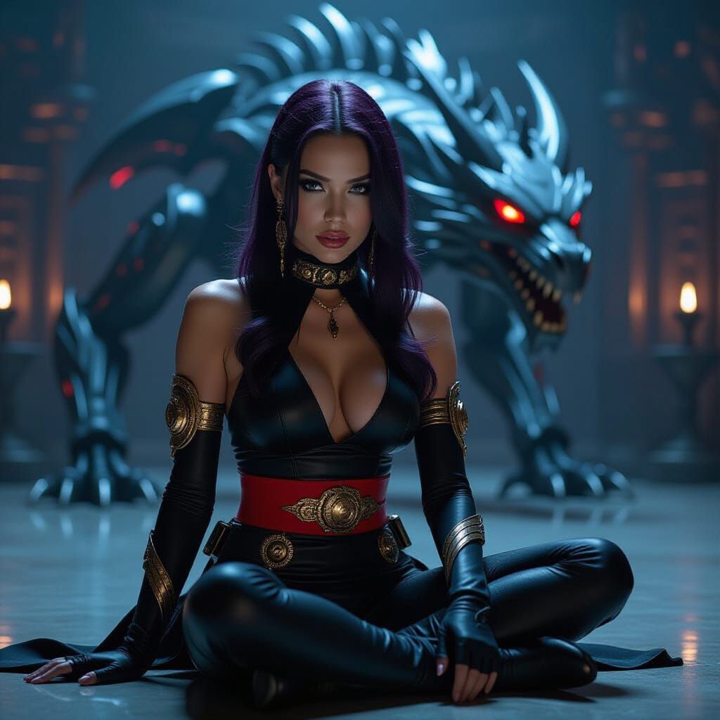 Elegant Woman with Mech-Dragon in Cyberpunk Style