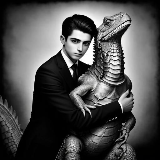 Surreal Embrace: Boy and Giant Iguana in Vintage Photo