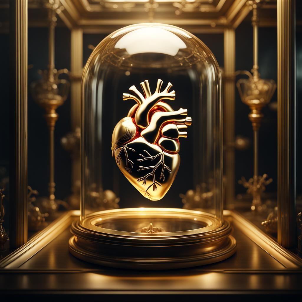 Golden Heart Floats in Glass Case: Digital Art