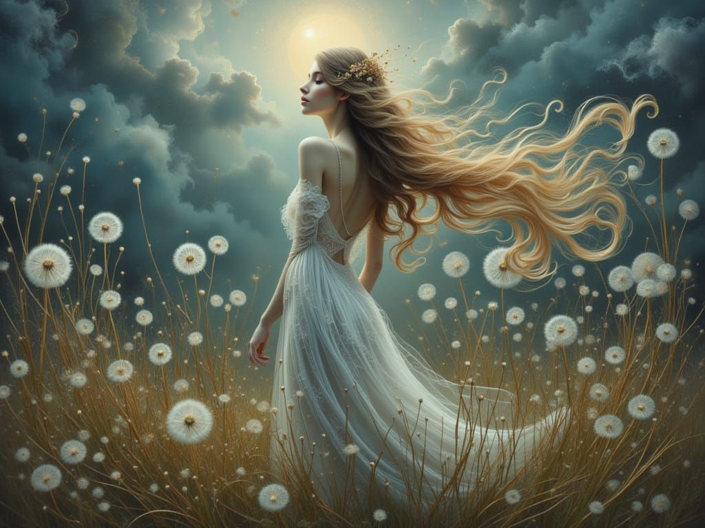 Woman in Dandelion Field Under Moonlight
