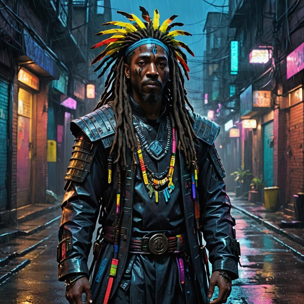 Cyberpunk Jamaican Warrior Priest in Rainy Alleyway