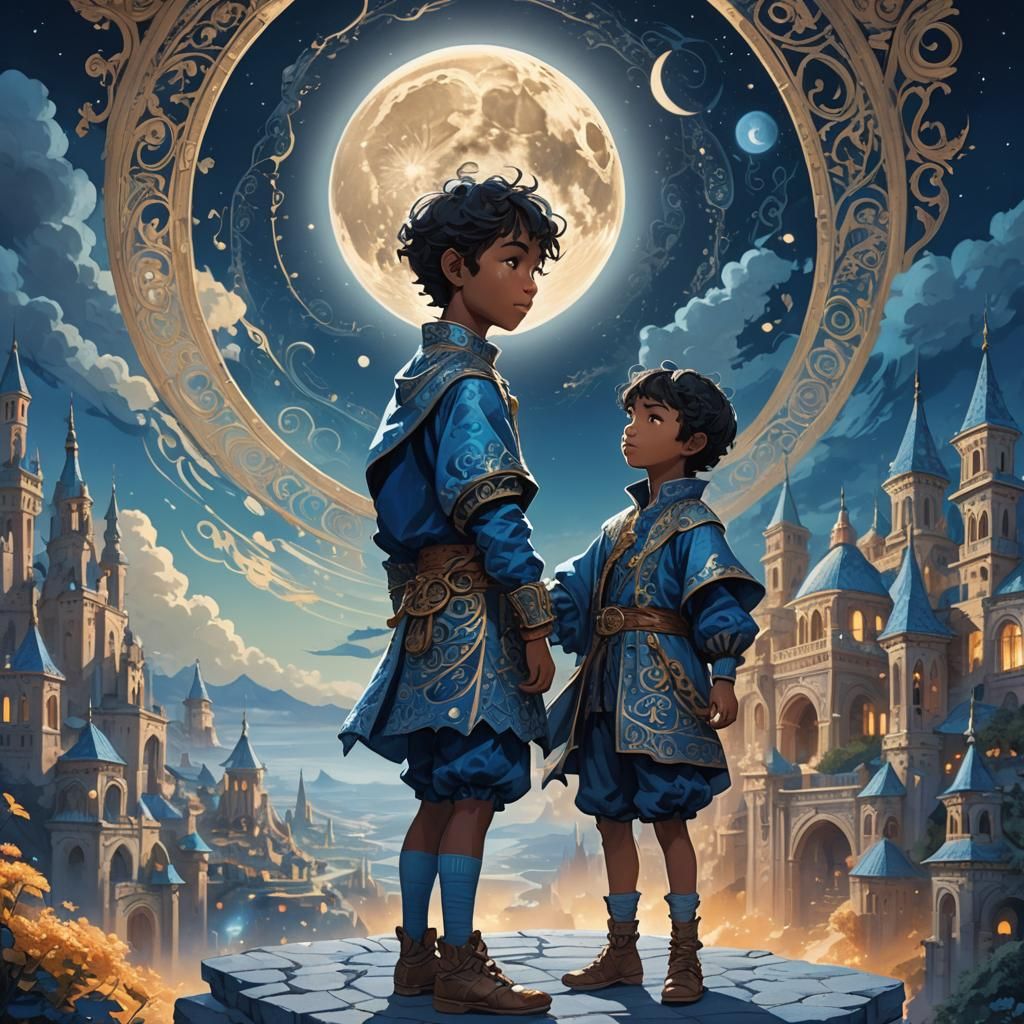 Fantasy Kid Under Blue Moon: Vibrant Concept Art