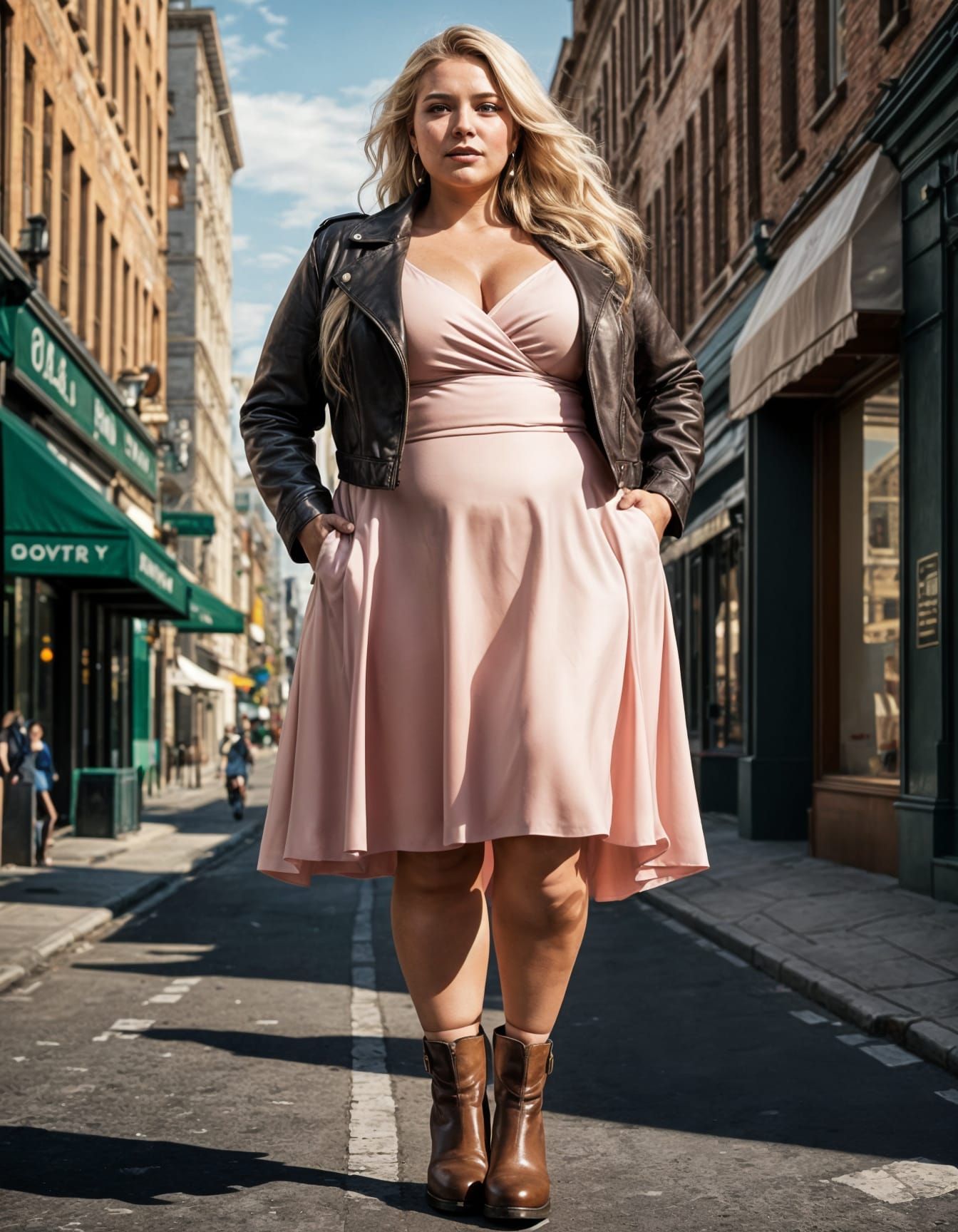 Elegant Plus-Size Woman in Spring Cityscape