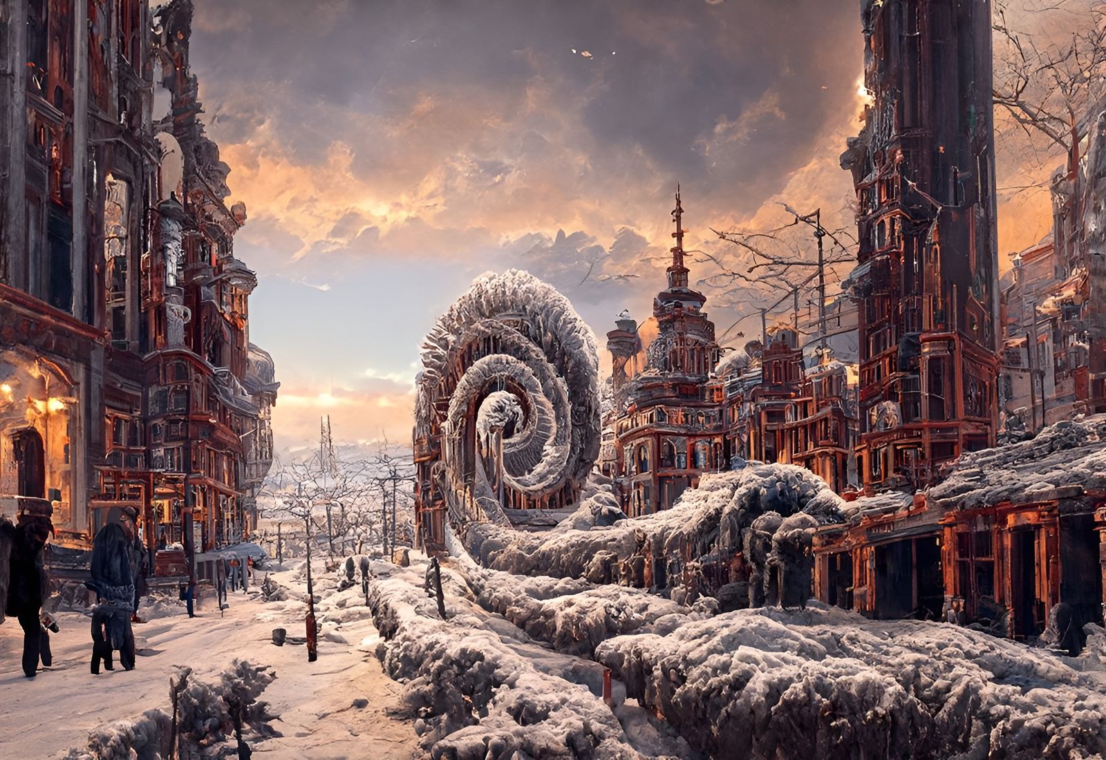 Spiralling Psychedelic City in Winter: Hyperdetailed Concept...