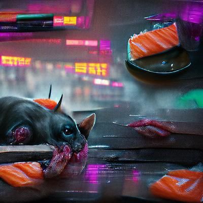 Cyberpunk Cat Eats Sushi in Neon City