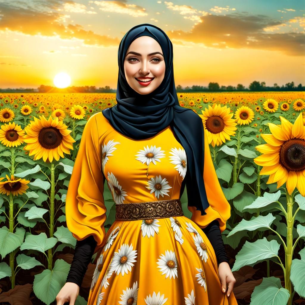 Beautiful Curvy Hijabi in Sunflower Field: Hyperrealistic Po...