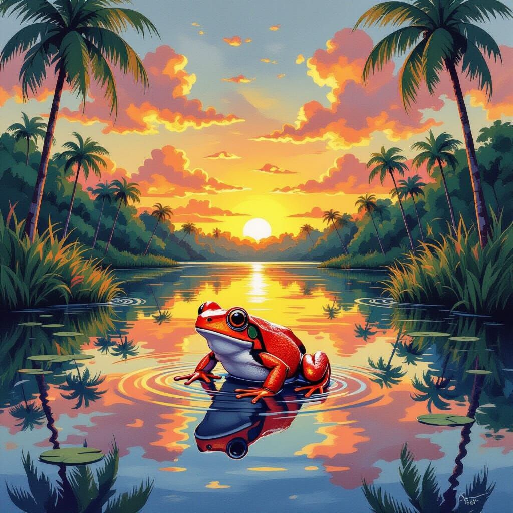 Poison Dart Frog in Rainforest: Gouache-Style Painting