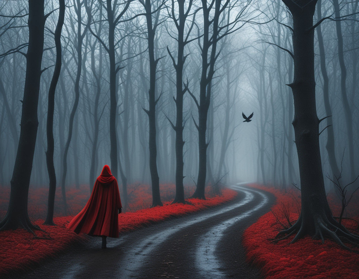 Woman Walks Through Dark Forest with Crows