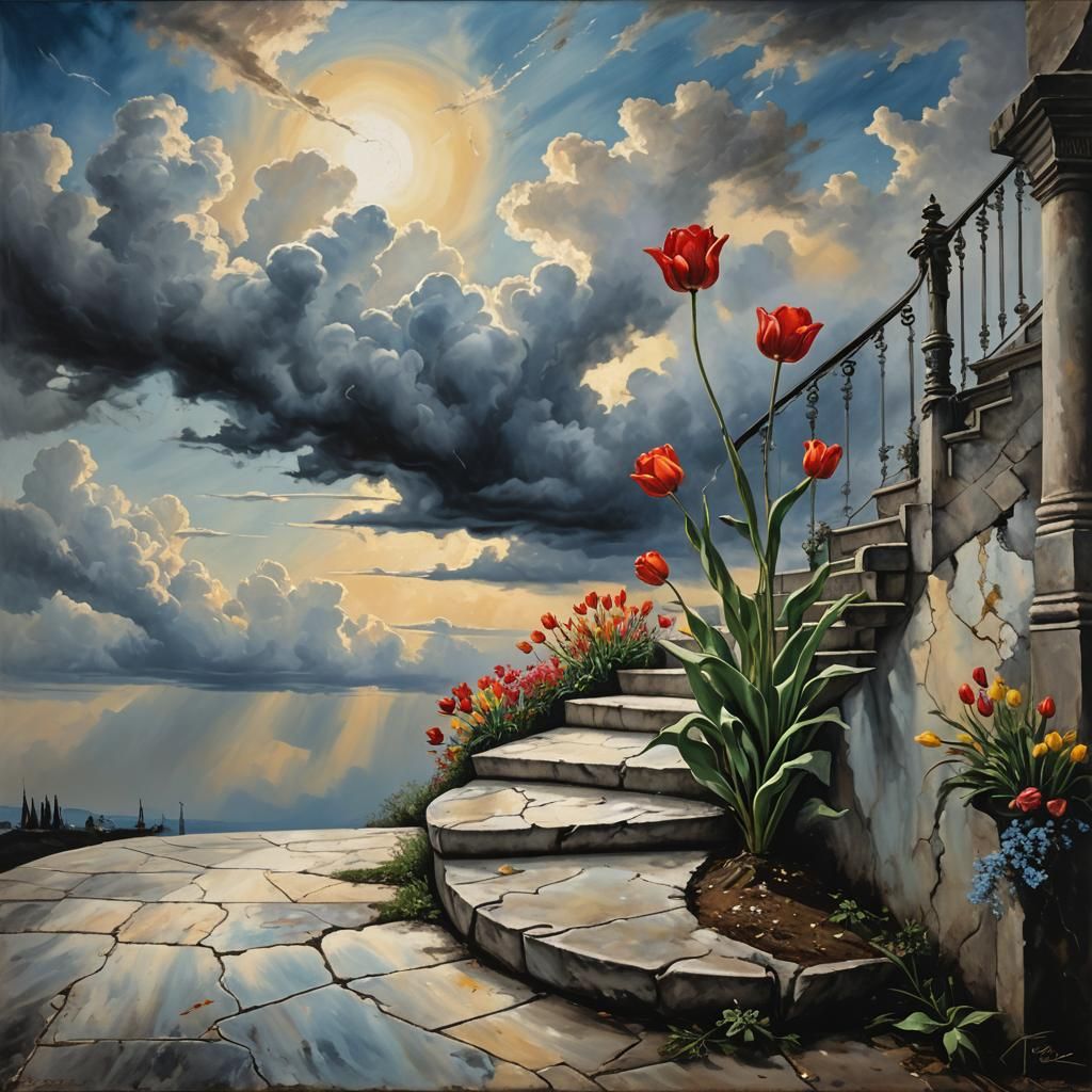 Surreal Tulip Stairway in Dreamlike Realm