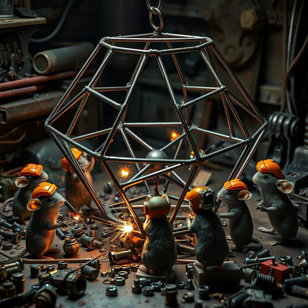 Mice Engineers Build Octahedron in Dimly Lit Workshop