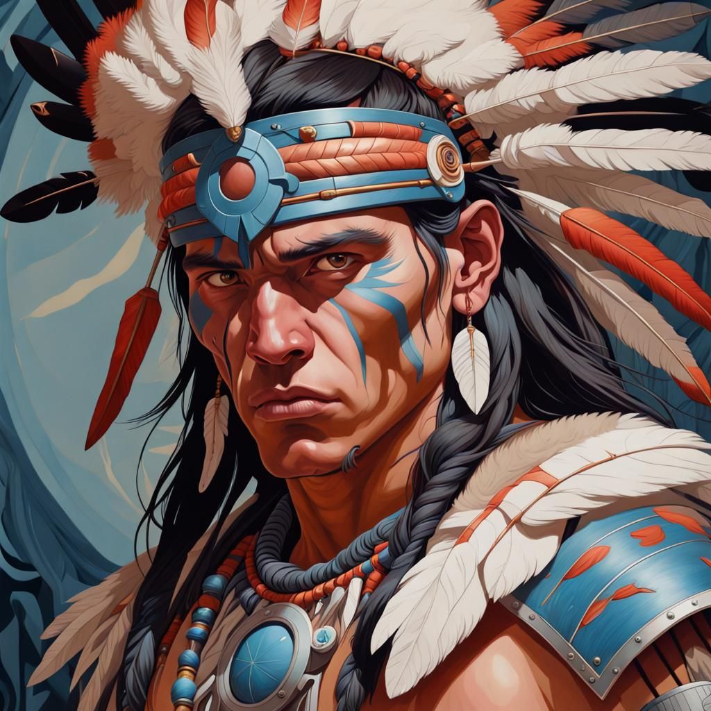 Native American Warrior in Maximalist Oil Painting