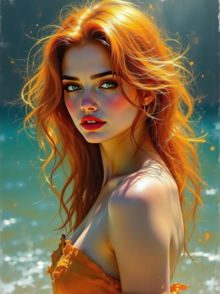 Redhead Portrait with Turquoise and Gold Hues