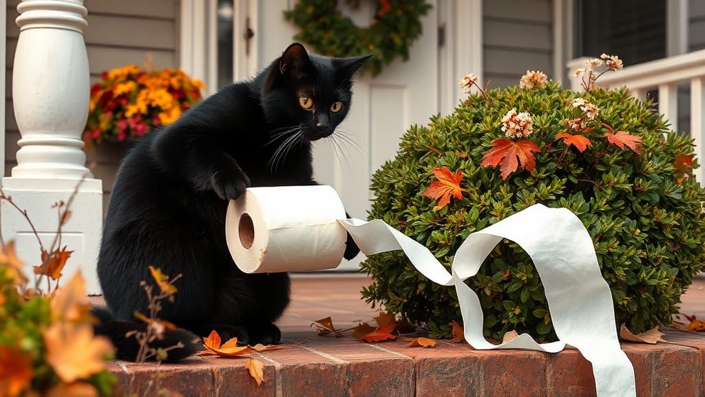 Guilty Black Cat Toilet Paper Mischief