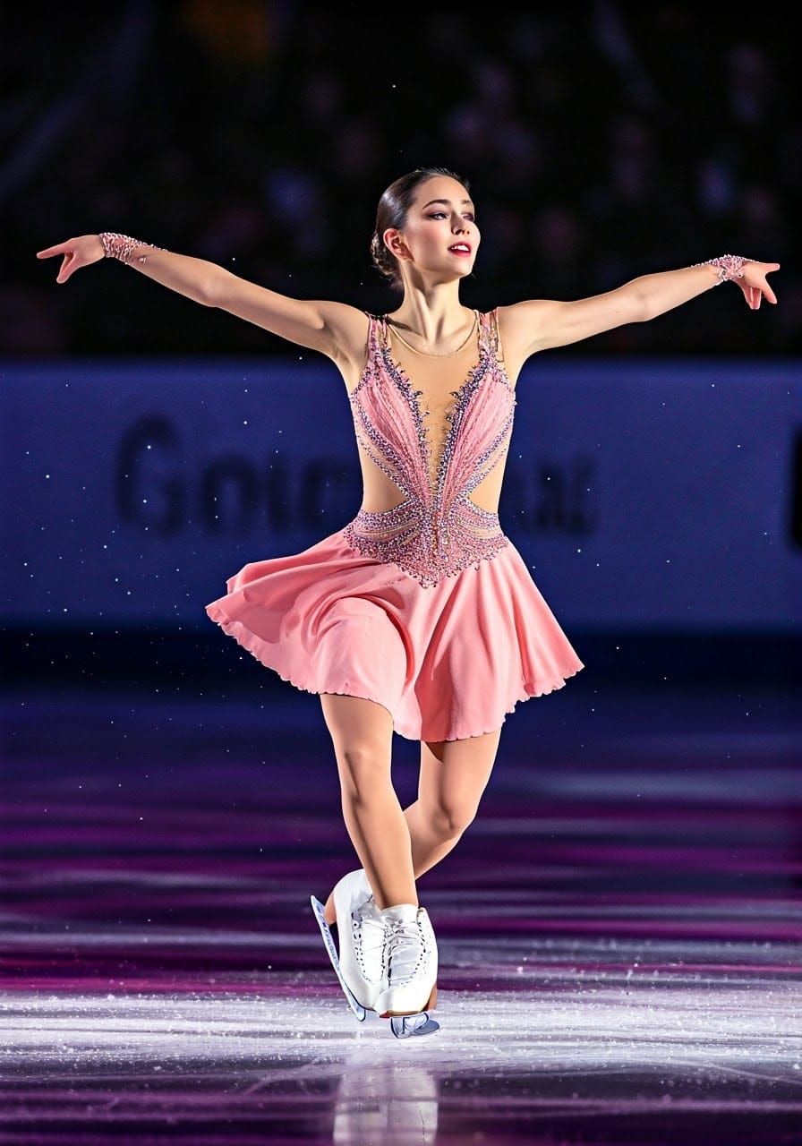 Ethereal Figure Skater in Rose-Hued Costume
