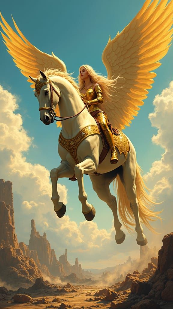 Valkyrie Goddess Descends in Golden Armor with Winged Steed