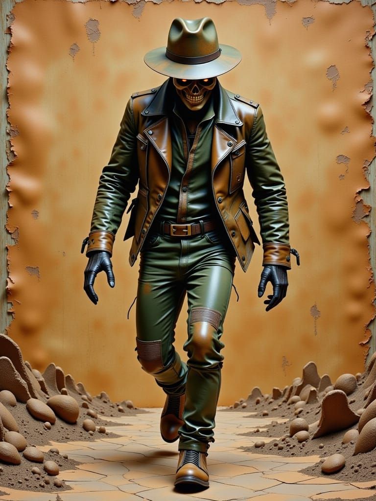 Leatherclad Figure in Post-Apocalyptic Landscape