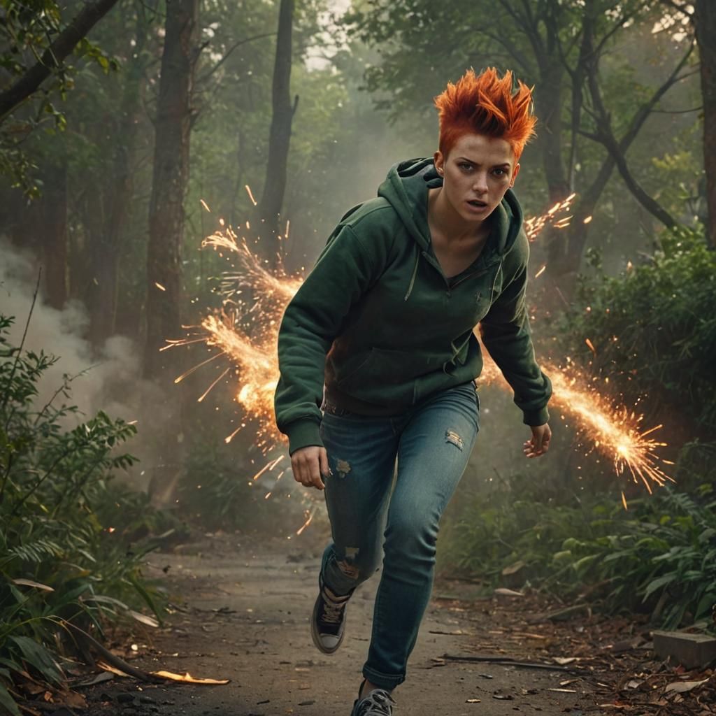 Dystopian Runner Amidst Explosions: Cinematic Concept Art