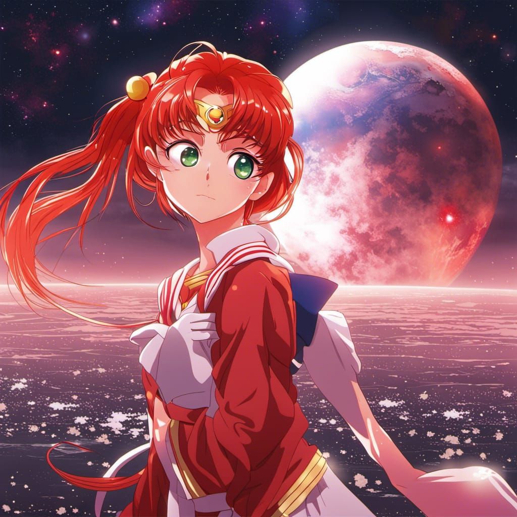 Red-Haired Girl in Anime Style with Red Planet